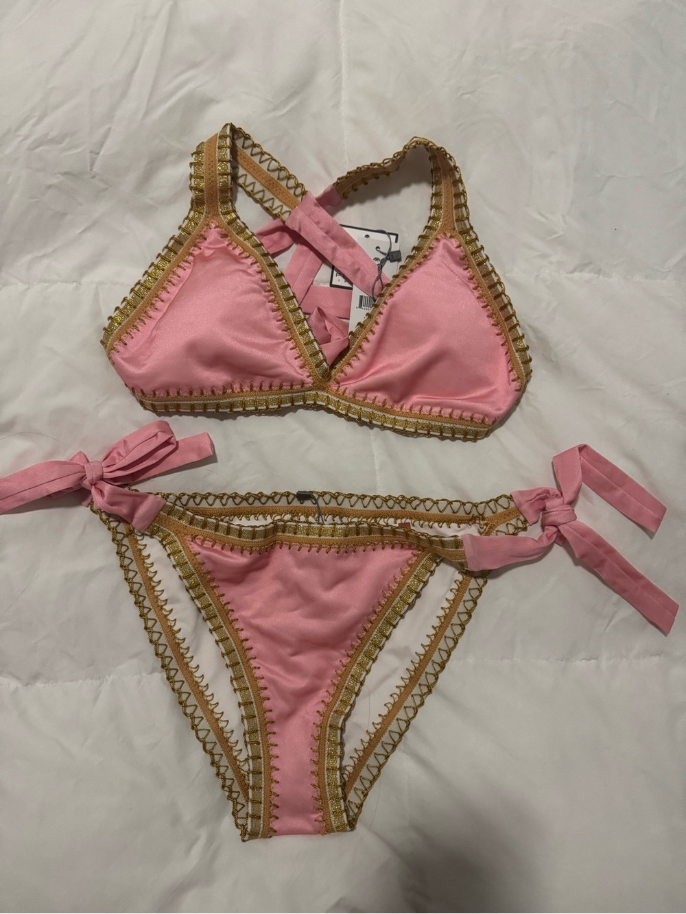 PQ SWIM PINK SANDS CROCHET TRIM BIKINI TOP & BOTTOMS - Size L